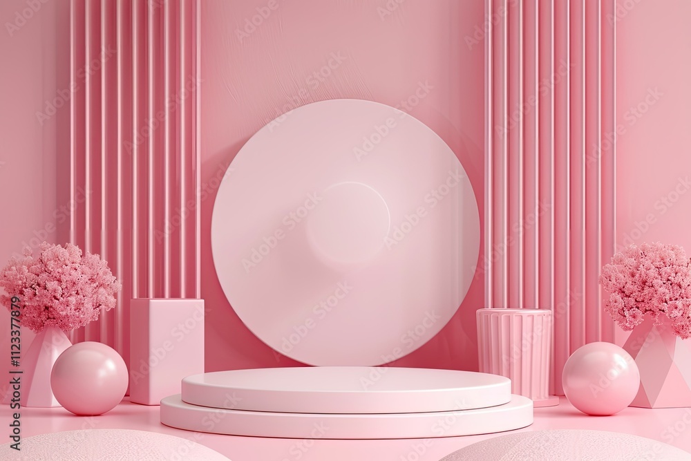 Poster 3d rendering of podium with abstract geometric minimal background for advertising