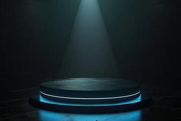 3D Rendering of Empty Dark Podium Pedestal Glowing in Spotlight Futuristic SciFi Background
