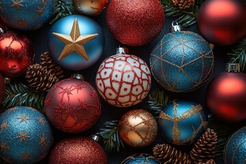 Colorful Christmas ornaments including balls and stars on a textured background.