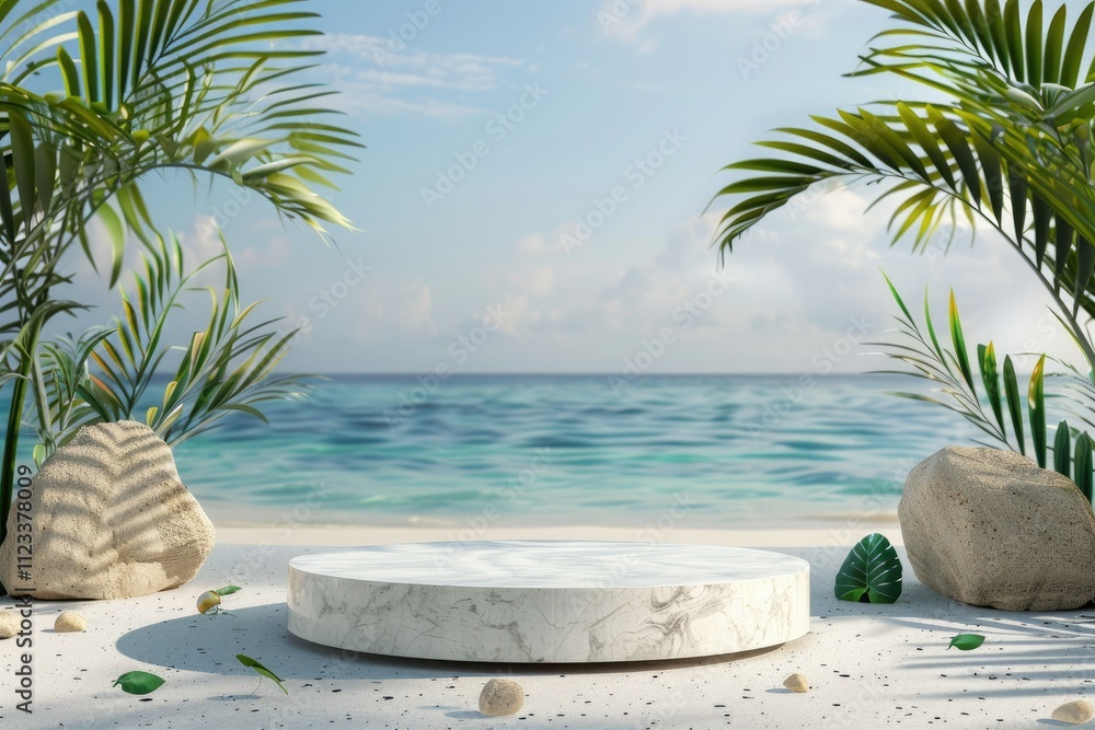 Poster 3d rendering tropical beach background with podium scene for summer product display presentation