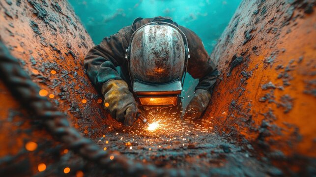 A welder works on metal, creating sparks in a gritty industrial environment.