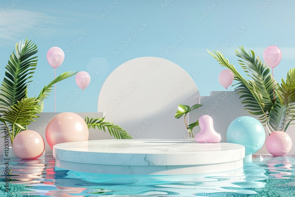 Poster 3d render of empty podium stand for product presentation with sunny summer concept