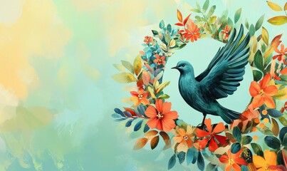 Obraz premium Cute Colorful Bird Surrounded by Vibrant Floral Wreath in a Beautiful Artistic Style