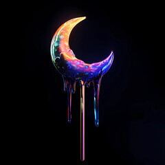 Crescent Moon Made of Candy on Lollipop Stick Dripping Neon Colors &ndash; Noir Style, Sweet and Artistic