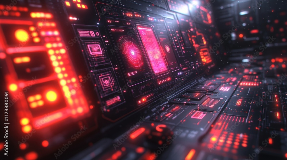Poster futuristic control panel with glowing red interfaces and data displays.