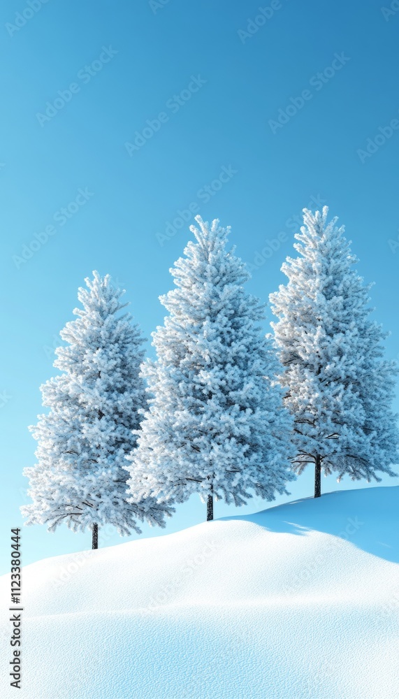 Poster five snow covered pine trees on a snowdrift with a simple blue backdrop in 3d rendering
