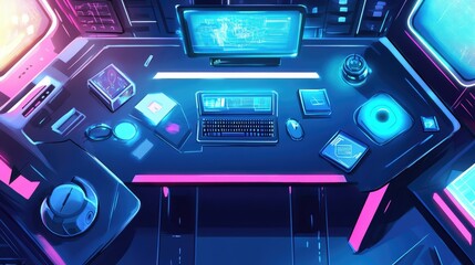 Fototapeta premium futuristic business office flat design top view modern workspace cartoon drawing vivid