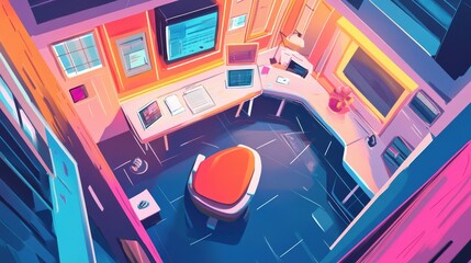 futuristic business office flat design top view modern workspace cartoon drawing vivid