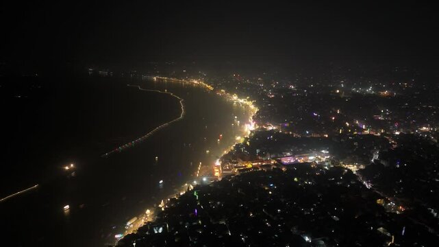 Banaras Dev Diwali Night: Drone View of Illuminated Ghats and Ganga River with Boats