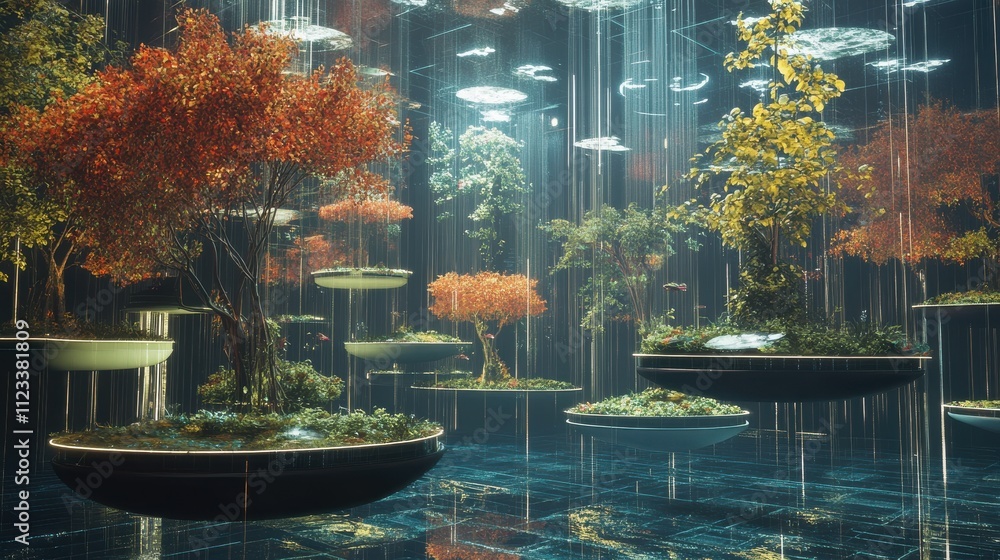 Poster futuristic forest with floating trees and neon lighting effects
