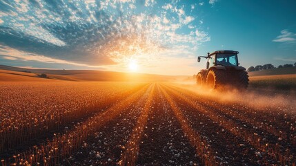 A tractor plows a golden field at sunset, creating a serene agricultural landscape.