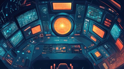 Fototapeta premium futuristic business office flat design top view modern workspace cartoon drawing vivid