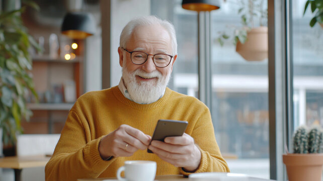 Happy senior man using smartphone in a cozy cafe exploring cashless payment and digital technology.