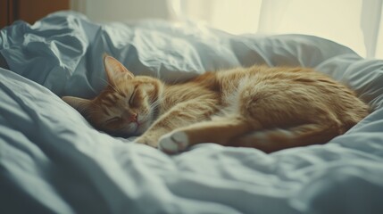 Cat Sleeping Peacefully Indoors, Cozy and Tranquil Pet Resting in a Calm Environment, ideal for illustrating relaxation and pet care Generative AI