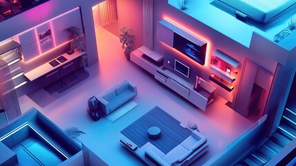 smart home technology flat design top view futuristic lifestyle 3D render Triadic Color Scheme
