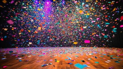 Thrilling concert moment with fans under vivid stage lights and swirling confetti celebrating the magical energy of live music