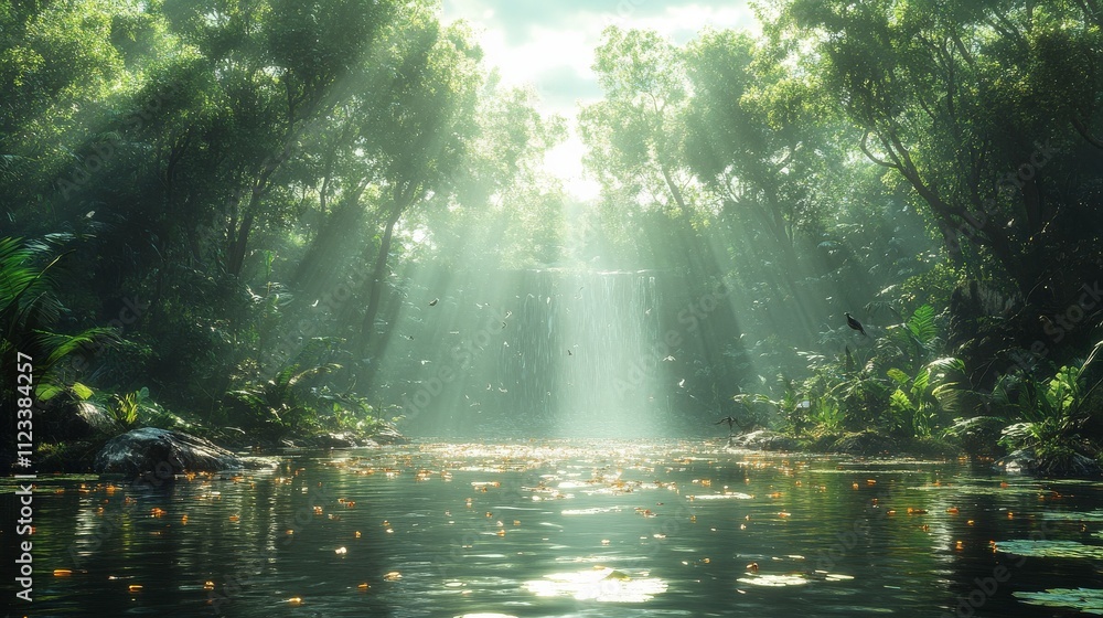 Poster serene and vibrant jungle landscape with rays of sunlight streaming through lush greenery and reflec