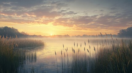 Obraz premium tranquil marshland at dawn, with reeds swaying in the breeze, mist rising from the water, and the first light of day breaking through the clouds
