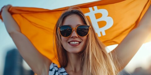 A young woman joyfully holding a Bitcoin flag with sunglasses, symbolizing cryptocurrency enthusiasm and a vibrant lifestyle.