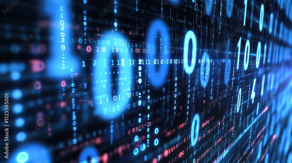 Poster digital matrix with binary code and glowing blue neon lights