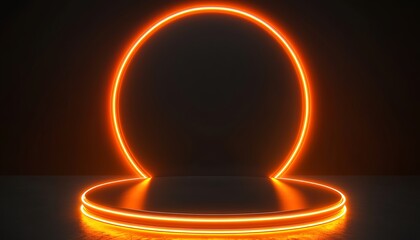 Cyberpunk 3D rendering of a black and orange neon podium with a glowing circular backdrop for dynamic product showcases.