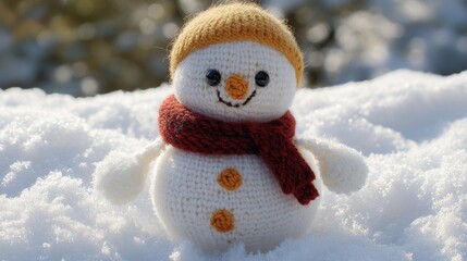 Obraz premium Little Knitted Snowman on Soft Snow Against Blue Snowy Background, Winter Wonderland Scene for Holiday Greeting Cards or Seasonal Decorations Generative AI