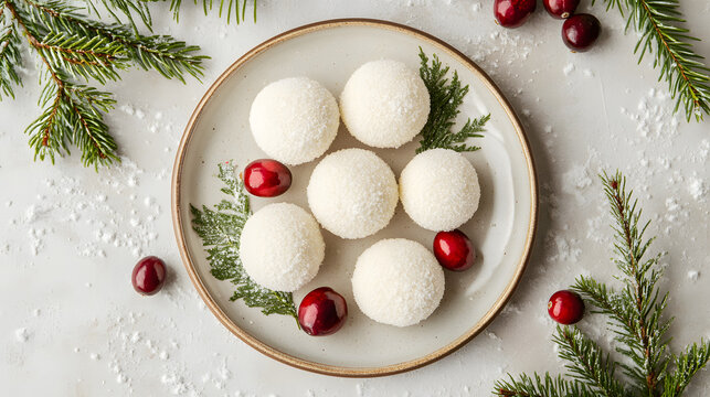 A plate of festive sugar-dusted snowball cookies surrounded by sprigs of pine and cranberries.