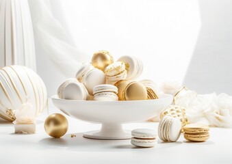Gold and white elegant and luxurious French macarons at a New Year's Eve night party. Food photography