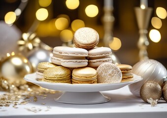 Gold and white elegant and luxurious French macarons at a New Year's Eve night party. Food photography