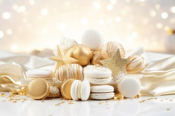 Gold and white elegant and luxurious French macarons at a New Year's Eve night party. Food photography
