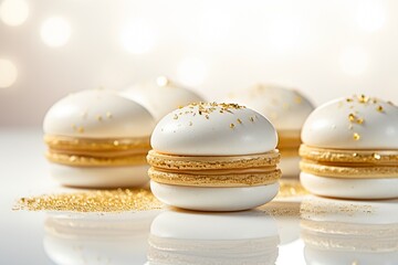 Gold and white elegant and luxurious French macarons at a New Year's Eve night party. Food photography