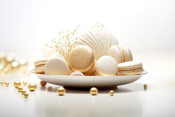 Gold and white elegant and luxurious French macarons at a New Year's Eve night party. Food photography