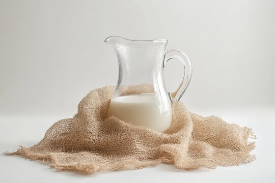 Fresh milk in glass jug on burlap cloth against light background for culinary use - Powered by Adobe