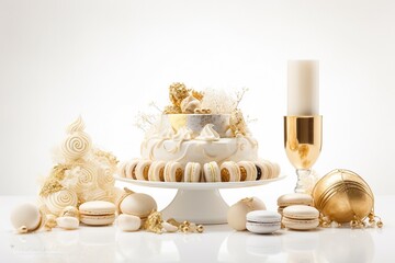 Gold and white elegant and luxurious French macarons at a New Year's Eve night party. Food photography