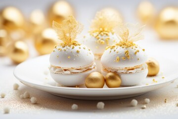 Gold and white elegant and luxurious French macarons at a New Year's Eve night party. Food photography