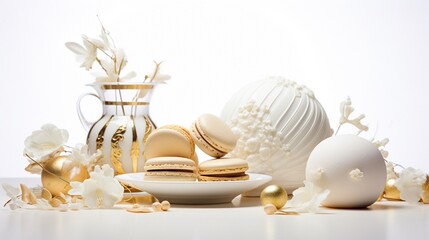 Gold and white elegant and luxurious French macarons at a New Year's Eve night party. Food photography