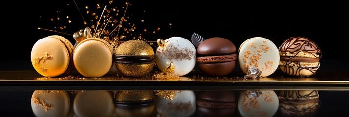 Gold and white elegant and luxurious French macarons at a New Year's Eve night party. Food photography