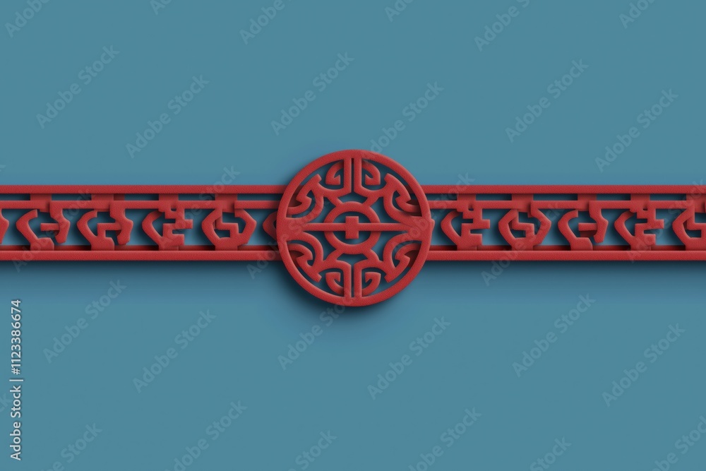 Poster a red band with a blue background is displayed. the band is made of red material and has a blue back