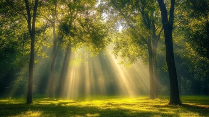 Obraz premium Serene morning light gently illuminating a misty forest landscape, creating a tranquil atmosphere