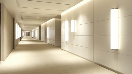 Fototapeta premium Modern Well-Lit Hotel Corridor with Sleek Design and Warm Lighting