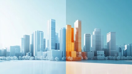 Obraz premium technology-driven cityscape flat design front view urban innovation 3D render Split-complementary color scheme