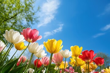 Fototapeta premium A field of flowers with a blue sky in the background. The flowers are a mix of pink, white, yellow, and red