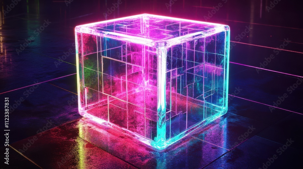 Poster futuristic neon cube with abstract light reflections and shadows