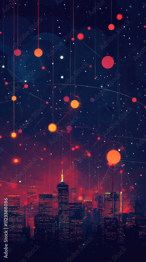 Poster exploration of a vibrant abstract cityscape showcasing network connections and global interactivity 