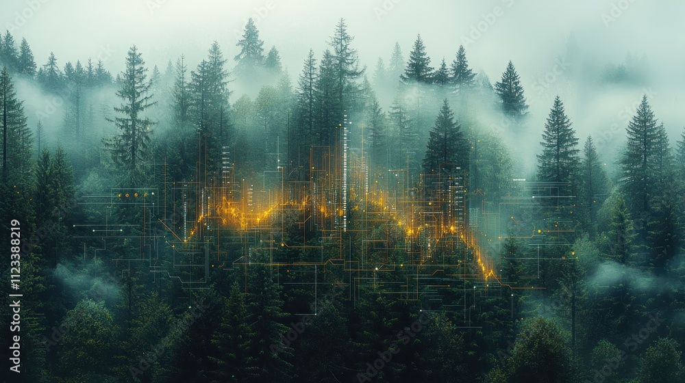 Poster forest scene with digital data overlay and mist