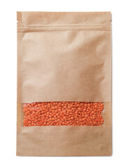 Paper pouch bag with lentil isolated on white, top view