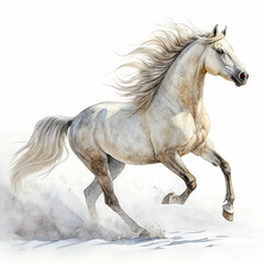 majestic horse running gracefully with a flowing mane, set against a clean white background, ideal for seasonal and equine-themed designs