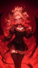 Seductive Demoness with Red Eyes and Horns, Mystical Anime Character, Dark Beauty.