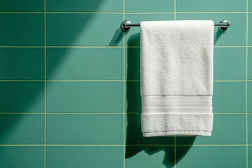 A Fresh Minimalist White Towel Hanging Neatly in a Brightly Lit Bathroom