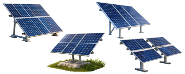 PNG set of solar panels on stands in different arrangements.
